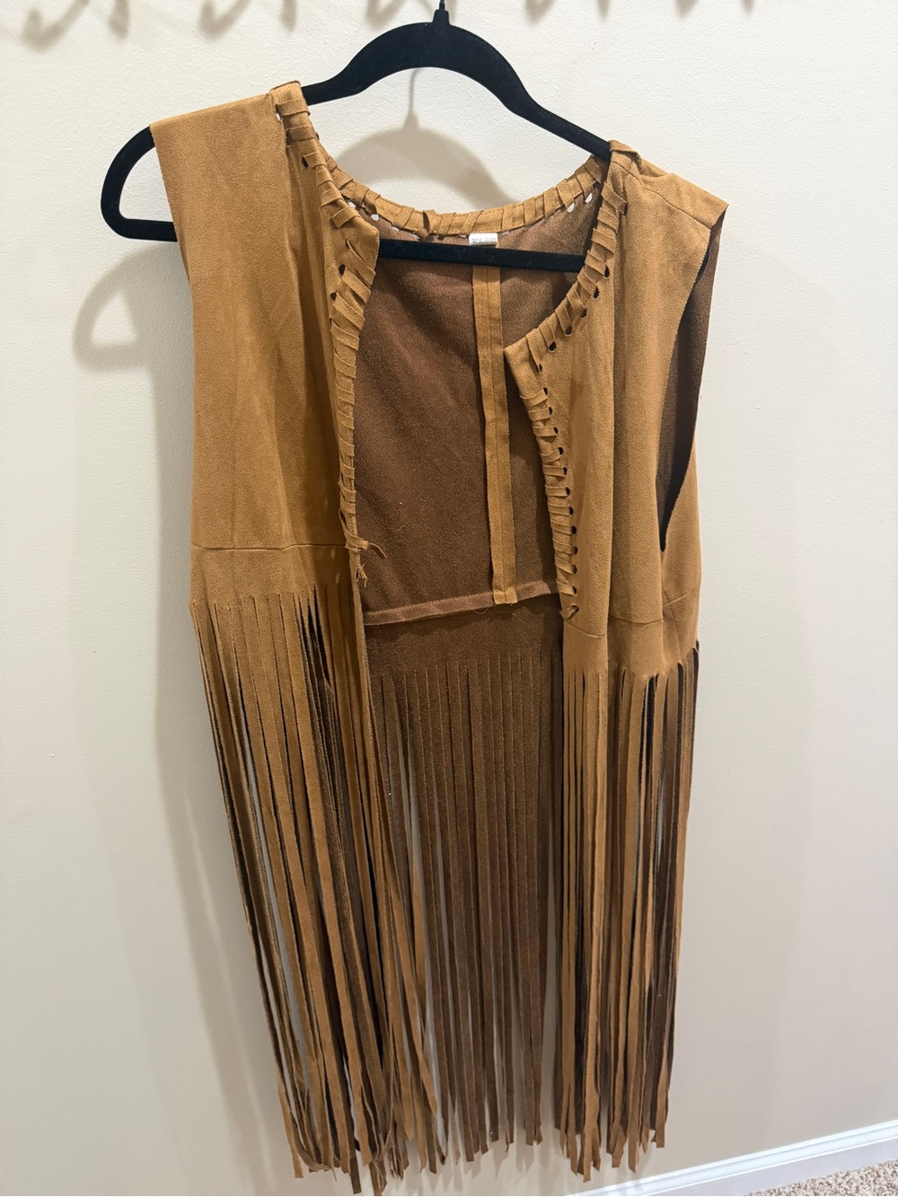 Fringed Sleeveless Suede-Effect Vest with Long Fringe in Camel Sz 2XL